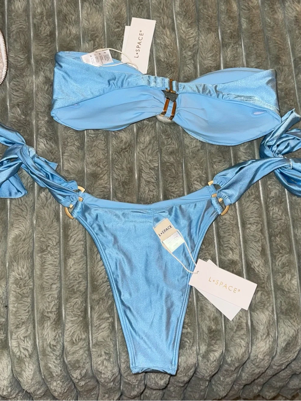 l*space Sky Blue Bandeau Bikini Top with seashell & gold metal D ring bottom M